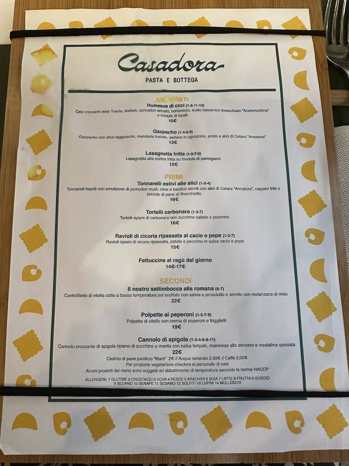 Menu di Casadora Pasta e Bottega 