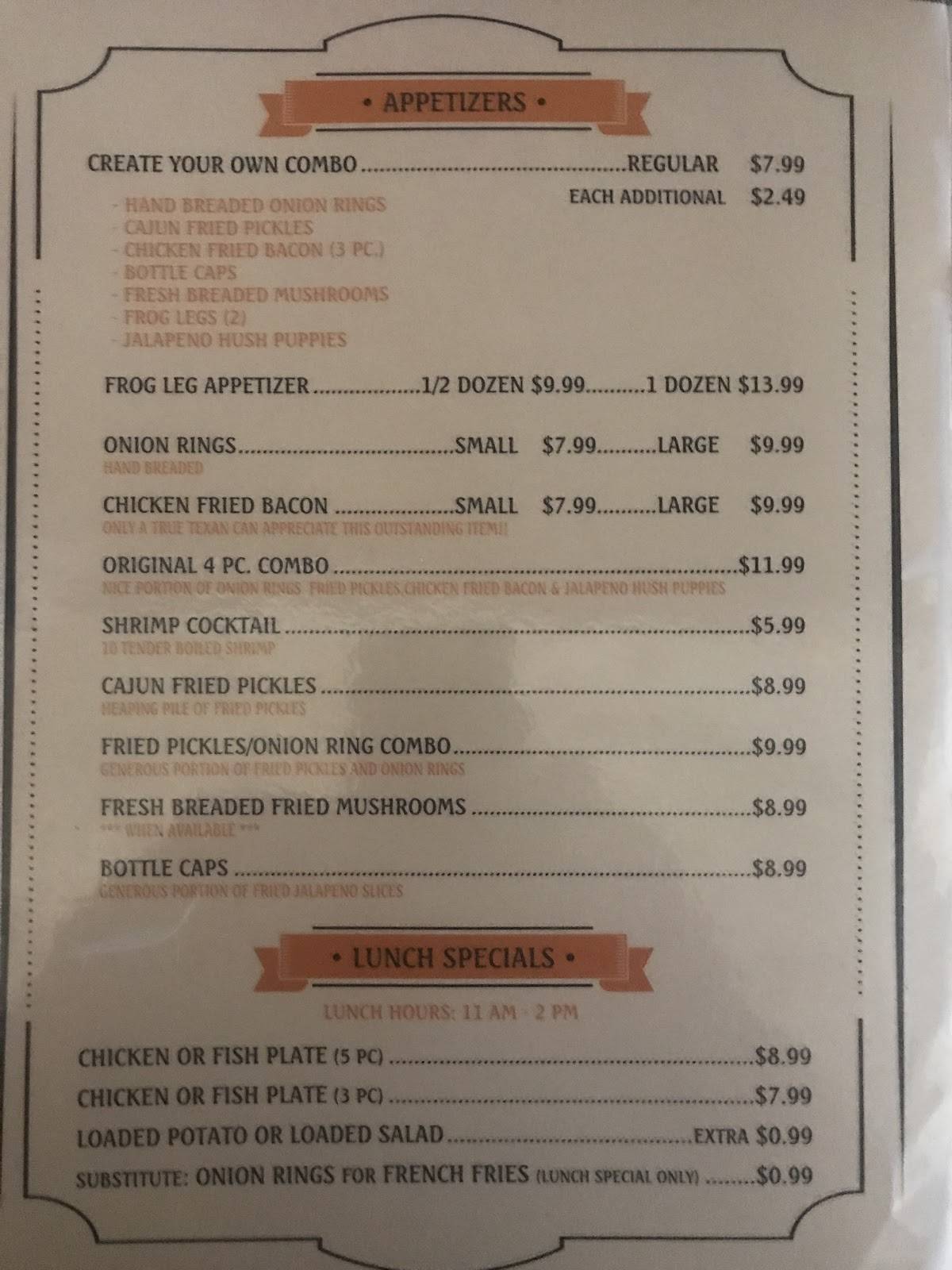 Menu at Catfish Corner restaurant, Abilene
