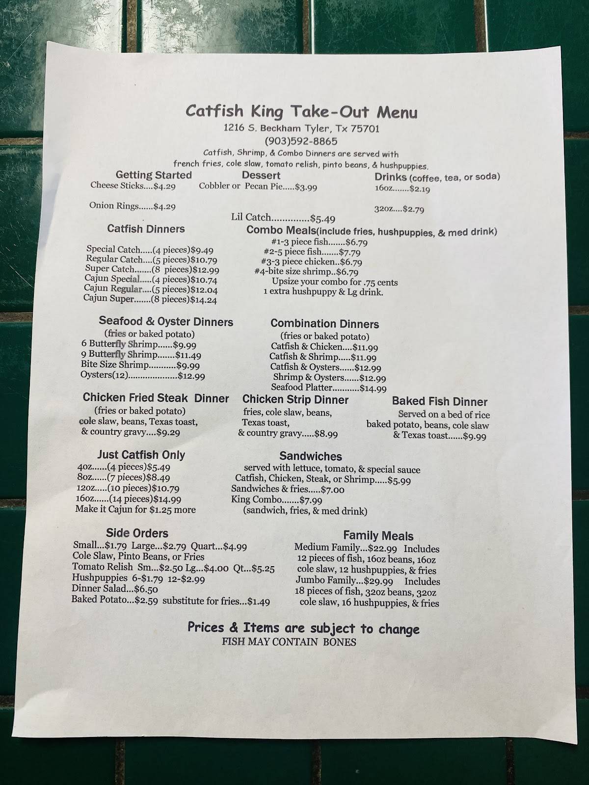 Menu at Catfish King fast food, Tyler