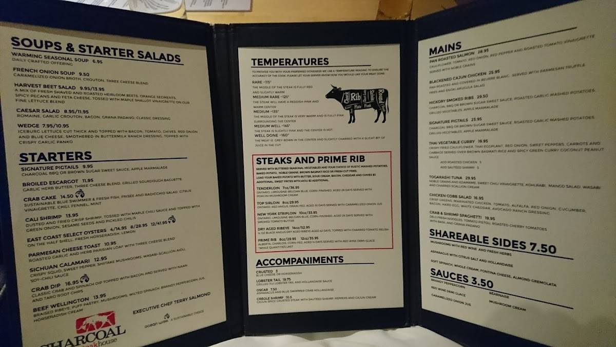 Menu at Charcoal Steak House steakhouse, Kitchener