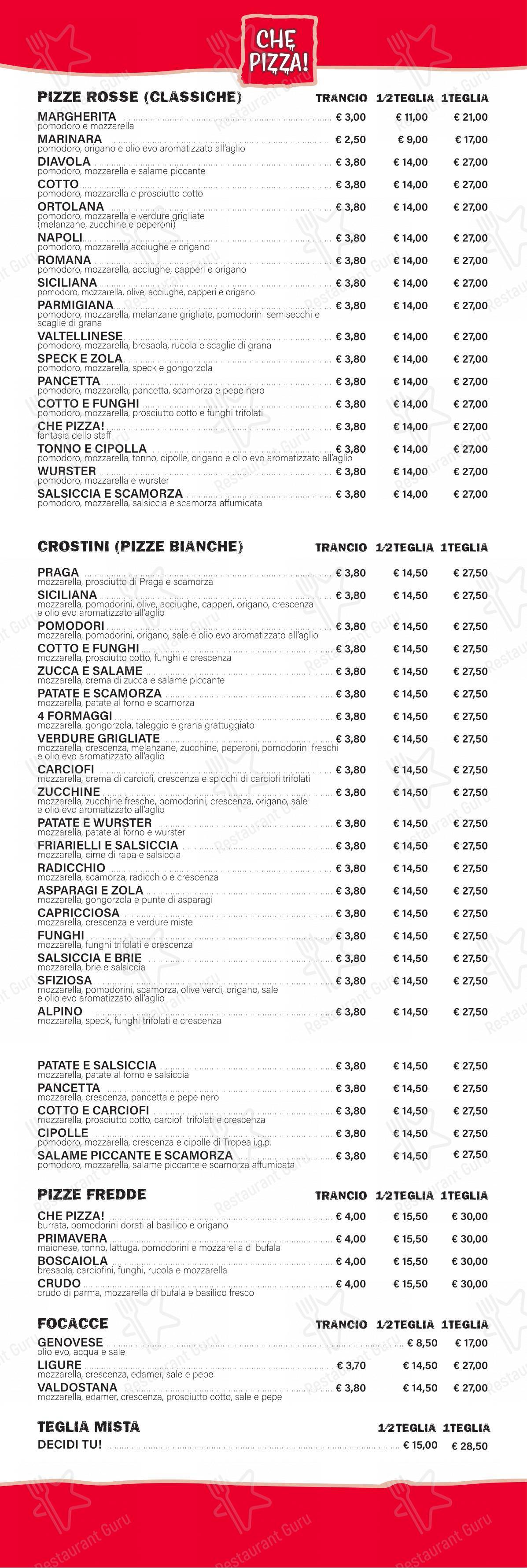 Menu per Che pizza! Pizza al Trancio pizzeria