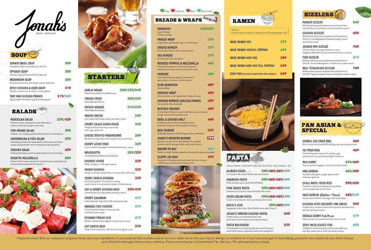 Jonah's Bistro, Besant Nagar menu