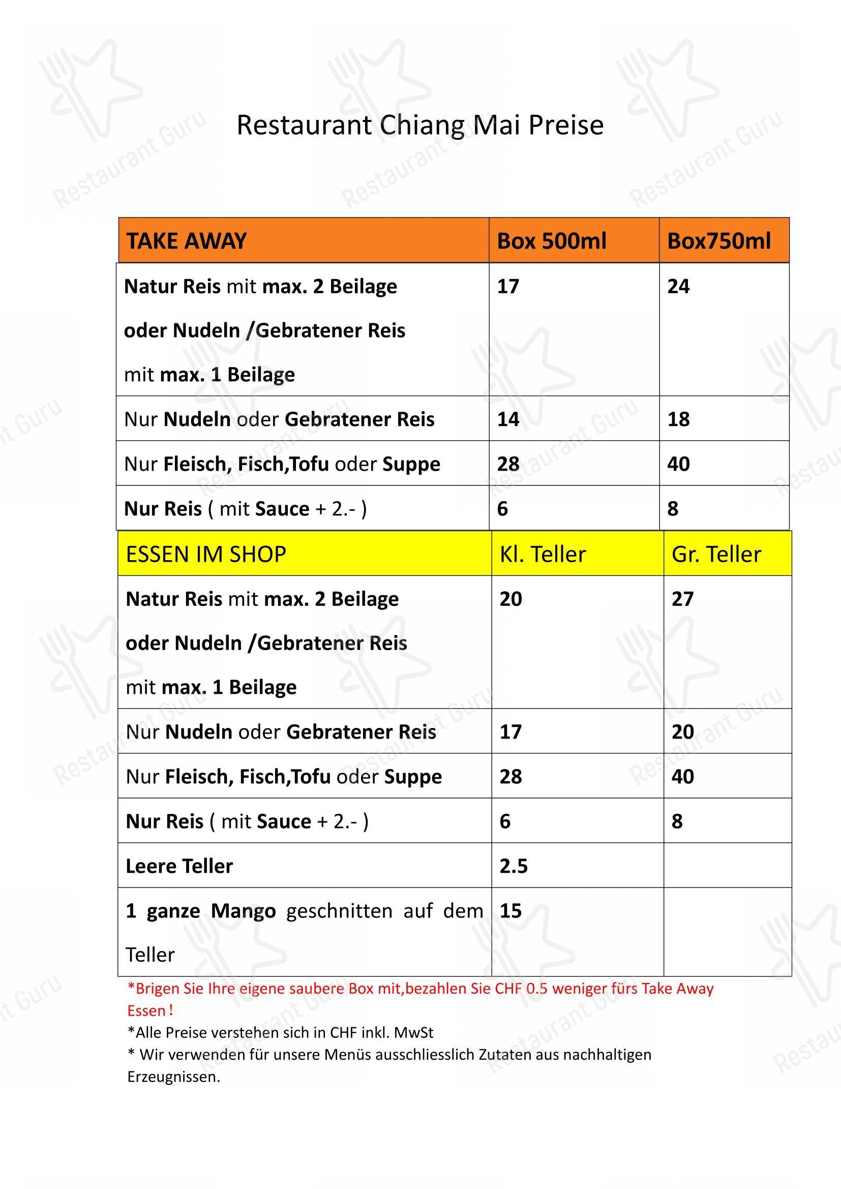 Menu per Chiang Mai Restaurant in Zurigo