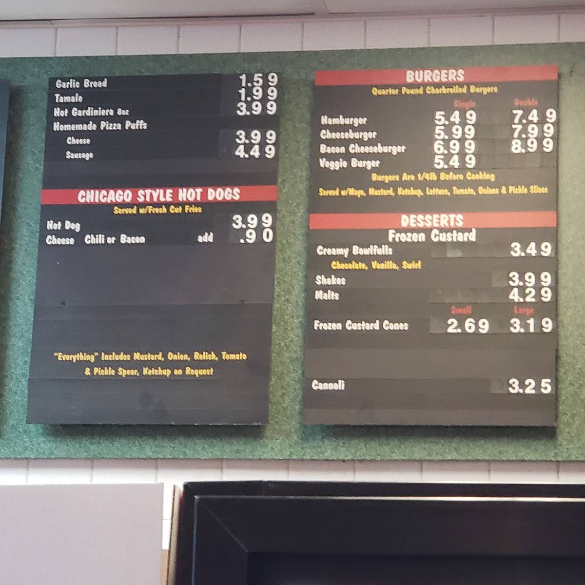 Menu at Ricobene's pizzeria, Chicago, 252 W 26th St
