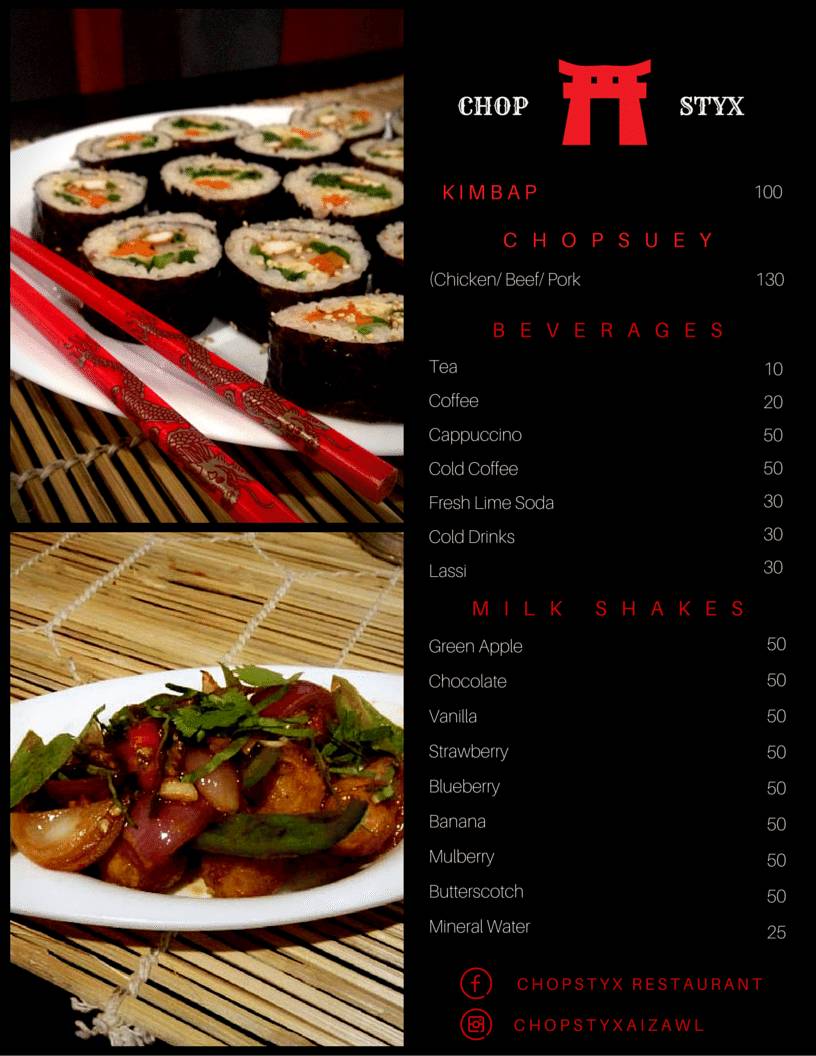 Chopstyx Restaurant menu
