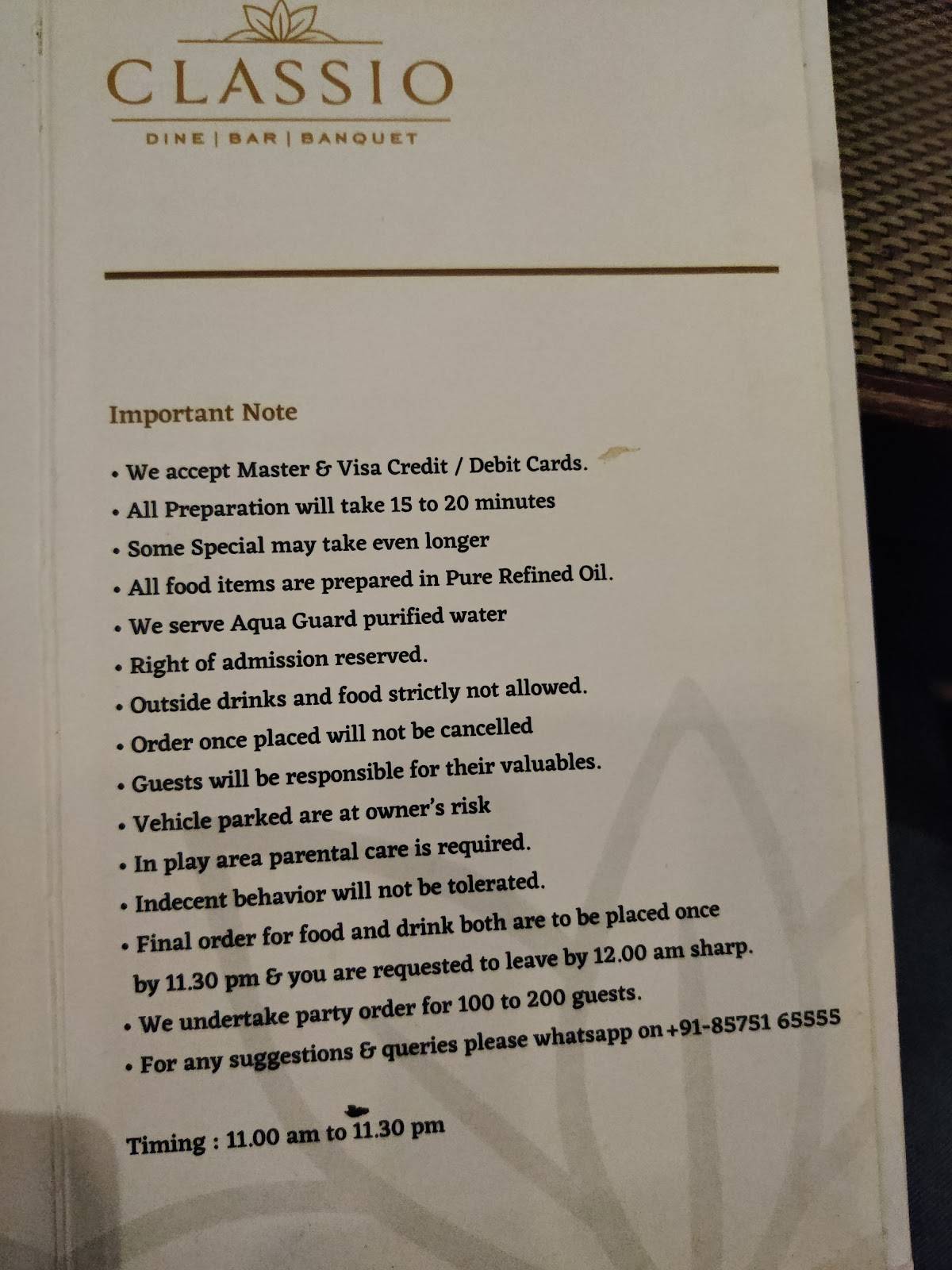 Classio - Family Restaurant & Bar menu