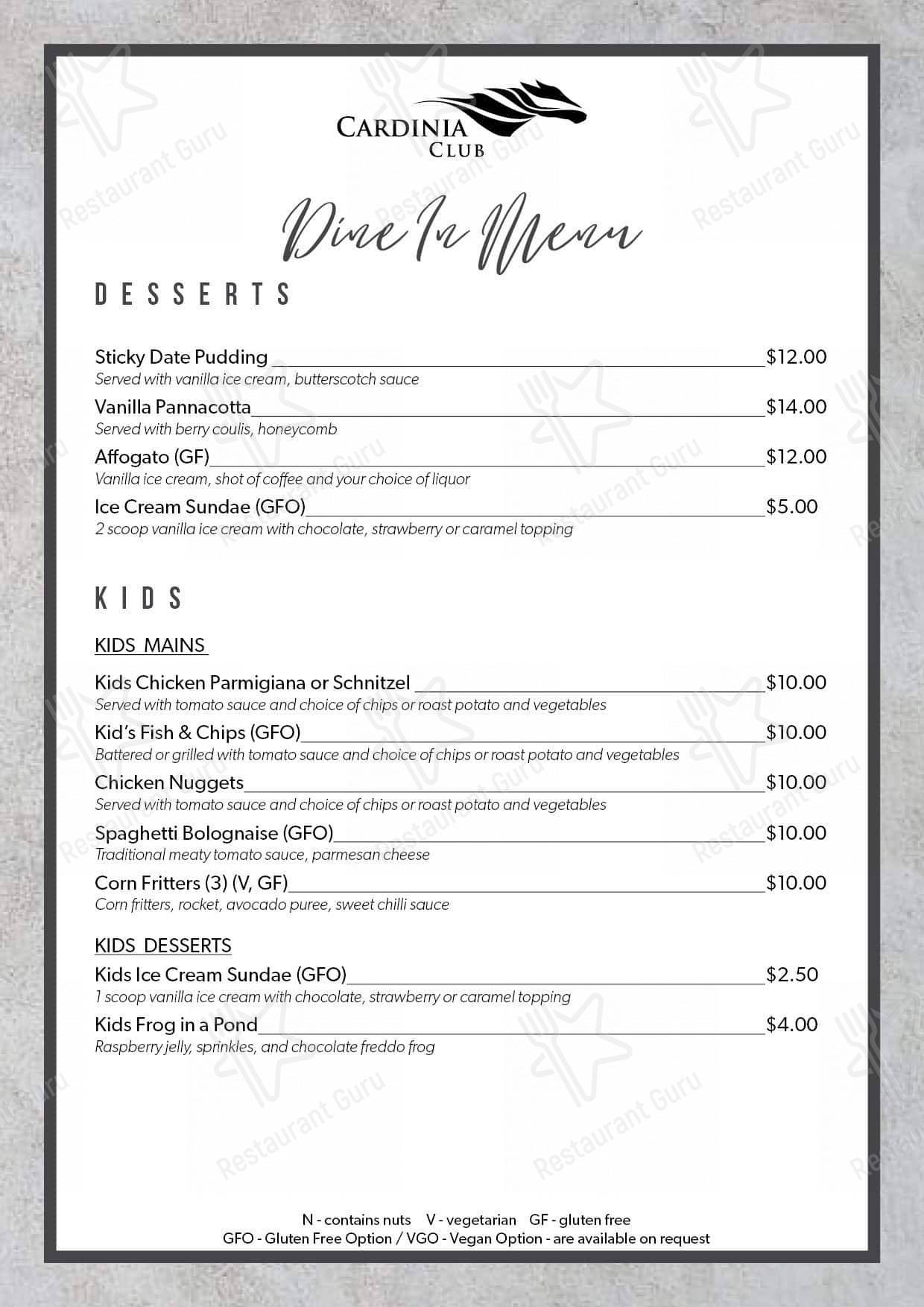 Cardinia Club menu