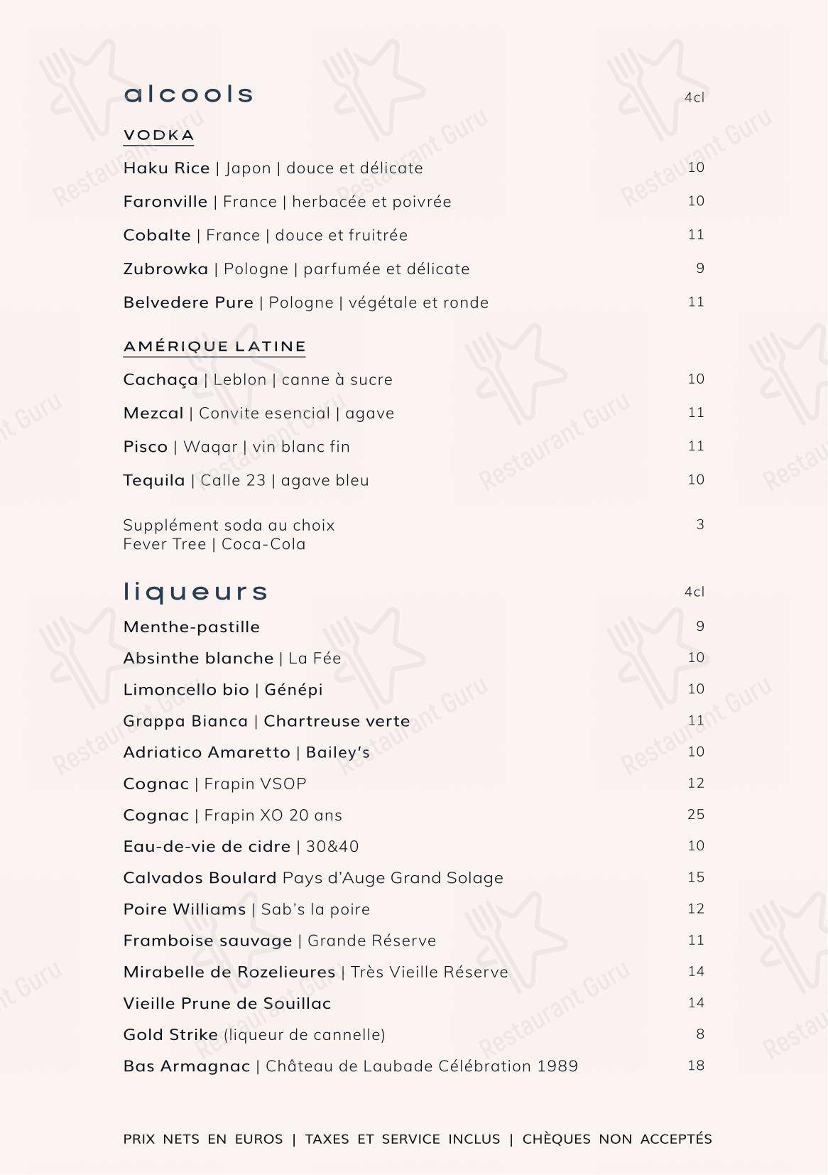 Menu pour Cobalt restaurant