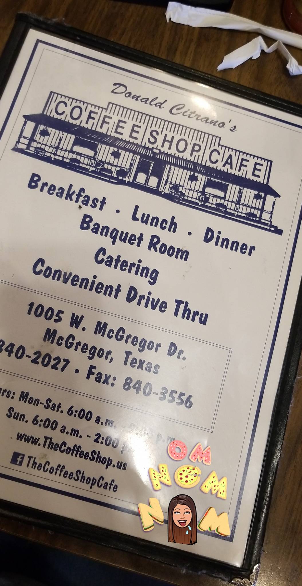 Menu at Coffee Shop Cafe, McGregor
