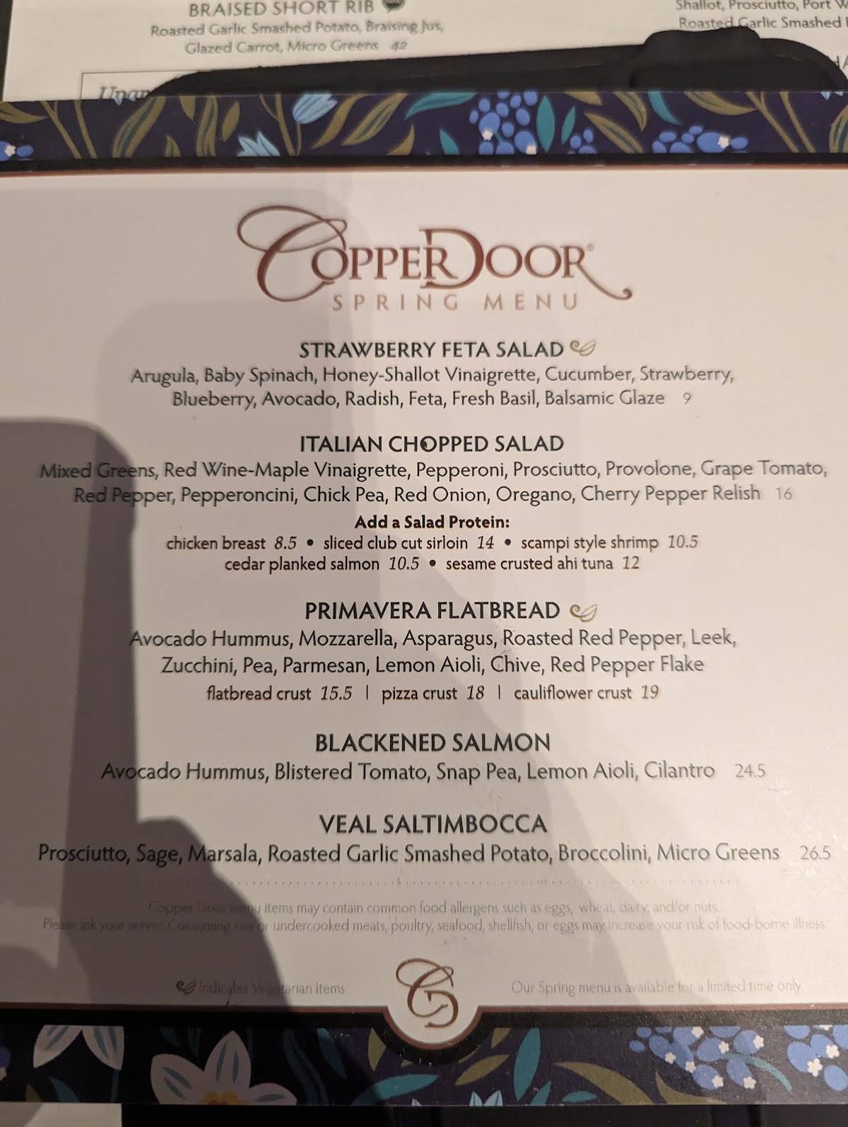 Menu at Copper Door restaurant, Salem