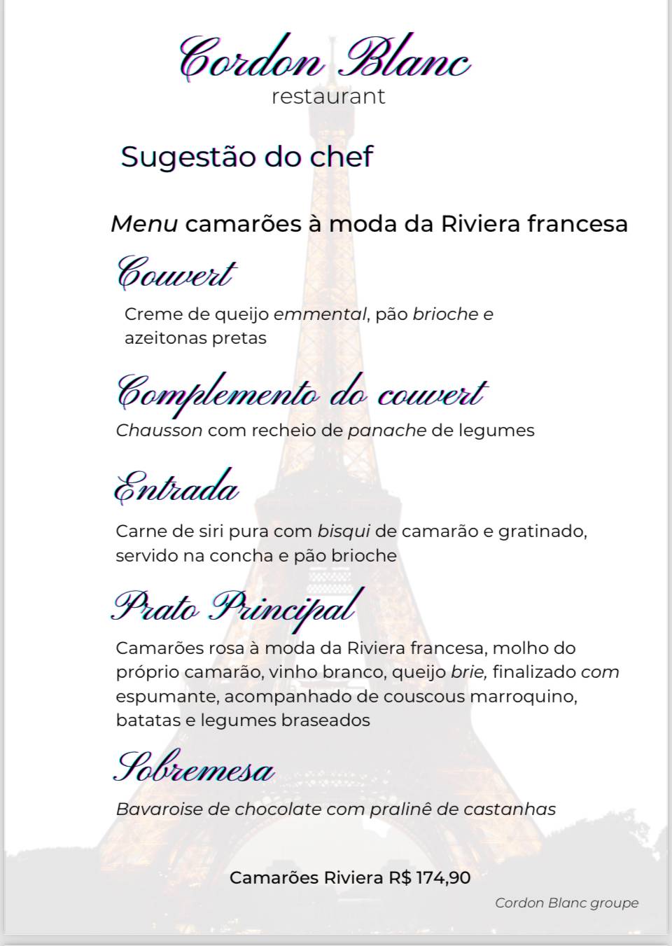 Cordon Blanc Restaurant cardápio