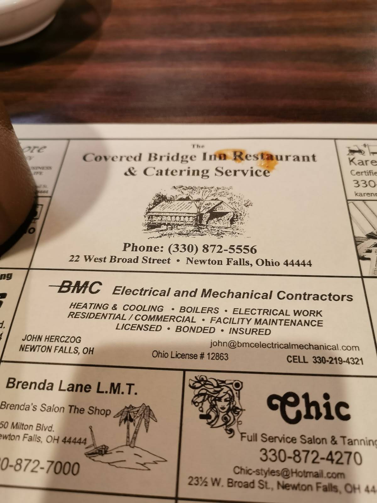 Menu at Covered Bridge Inn restaurant, Newton Falls