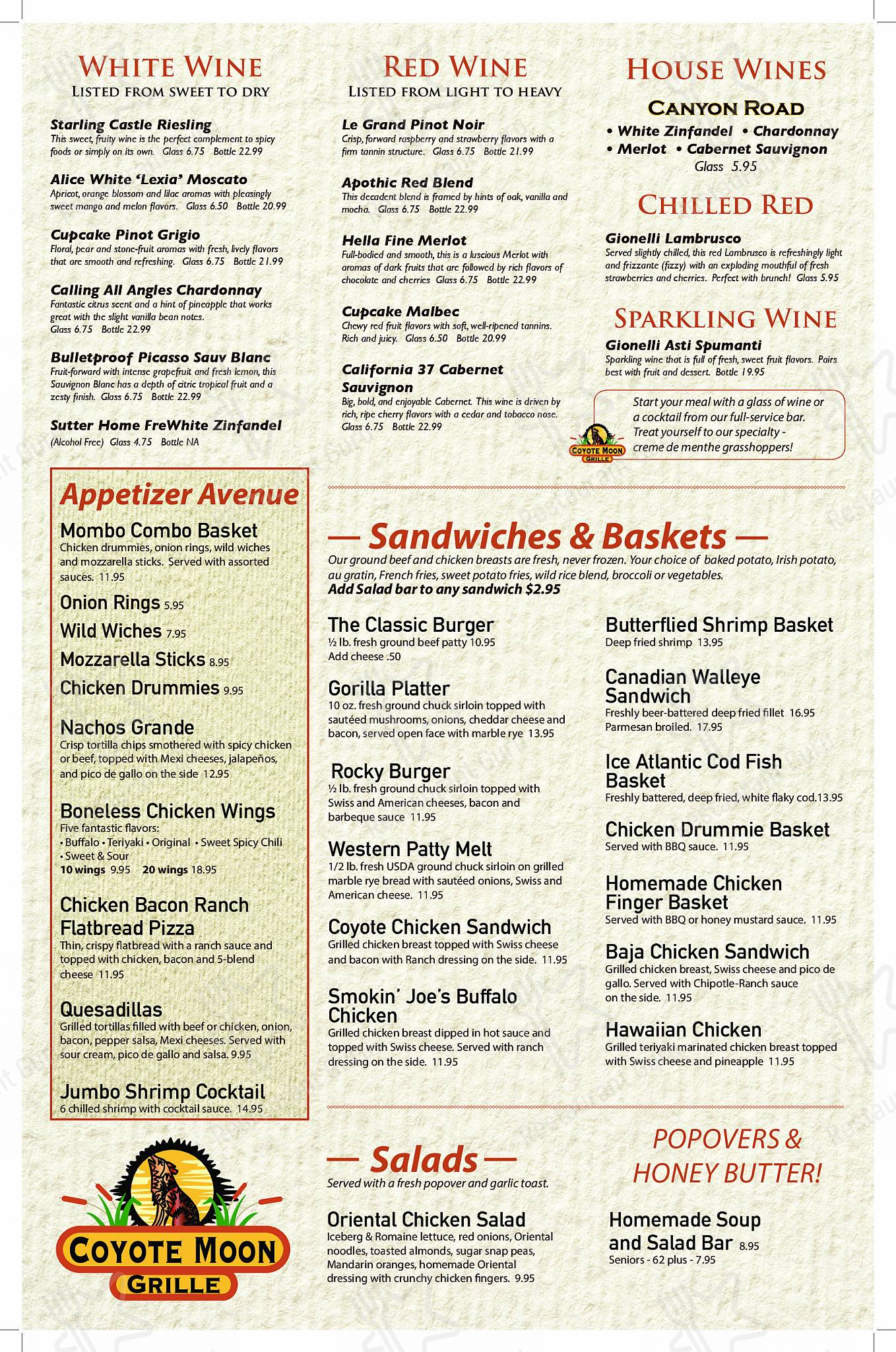 Menu at Coyote Moon Grille restaurant, St. Cloud