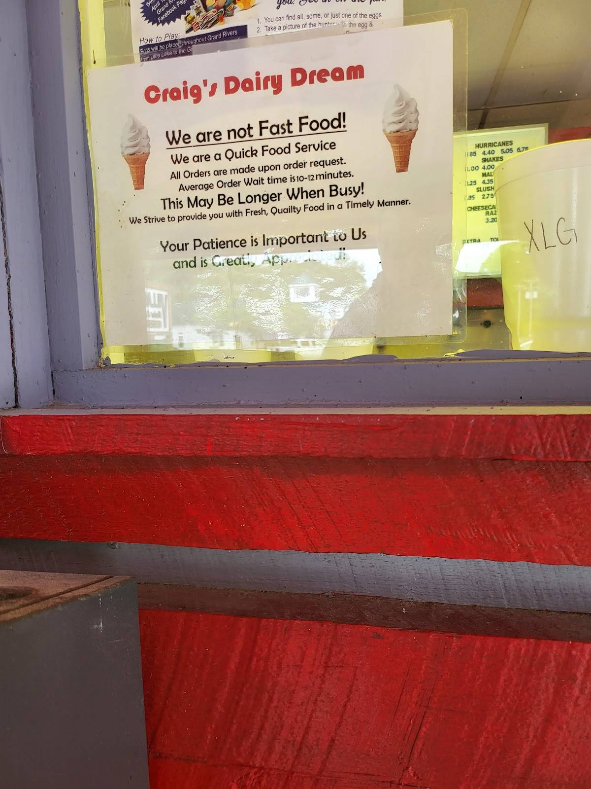 Menu at Craig's Dairy Dream restaurant, Grand Rivers