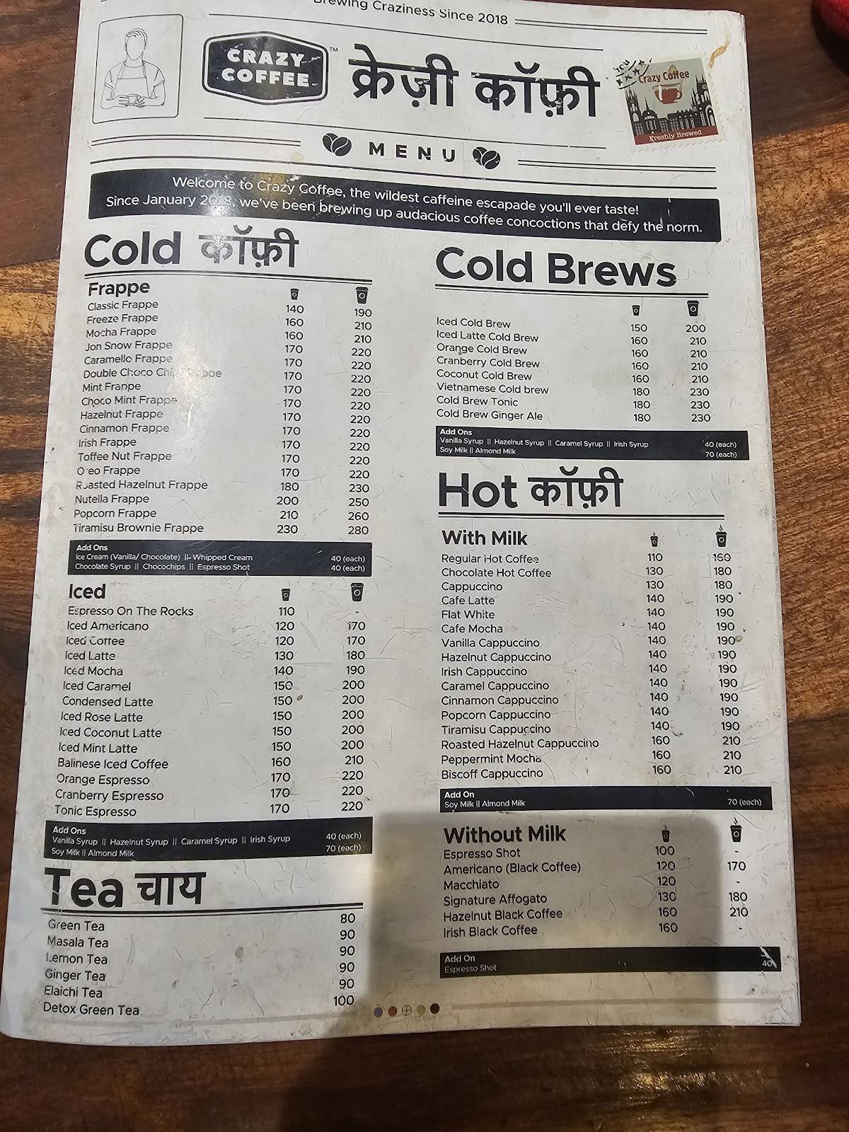 Crazy Coffee menu