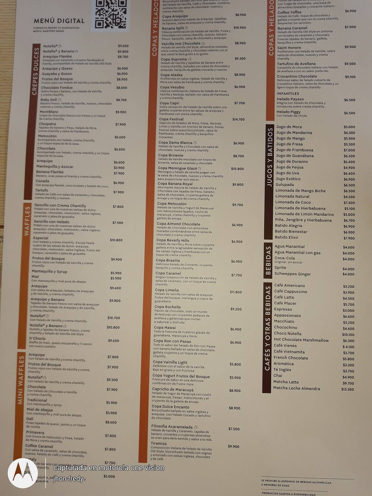 Carta del restaurante Crepes & Waffles Flora, Cali, Cl. 52 Nte. 3BN06