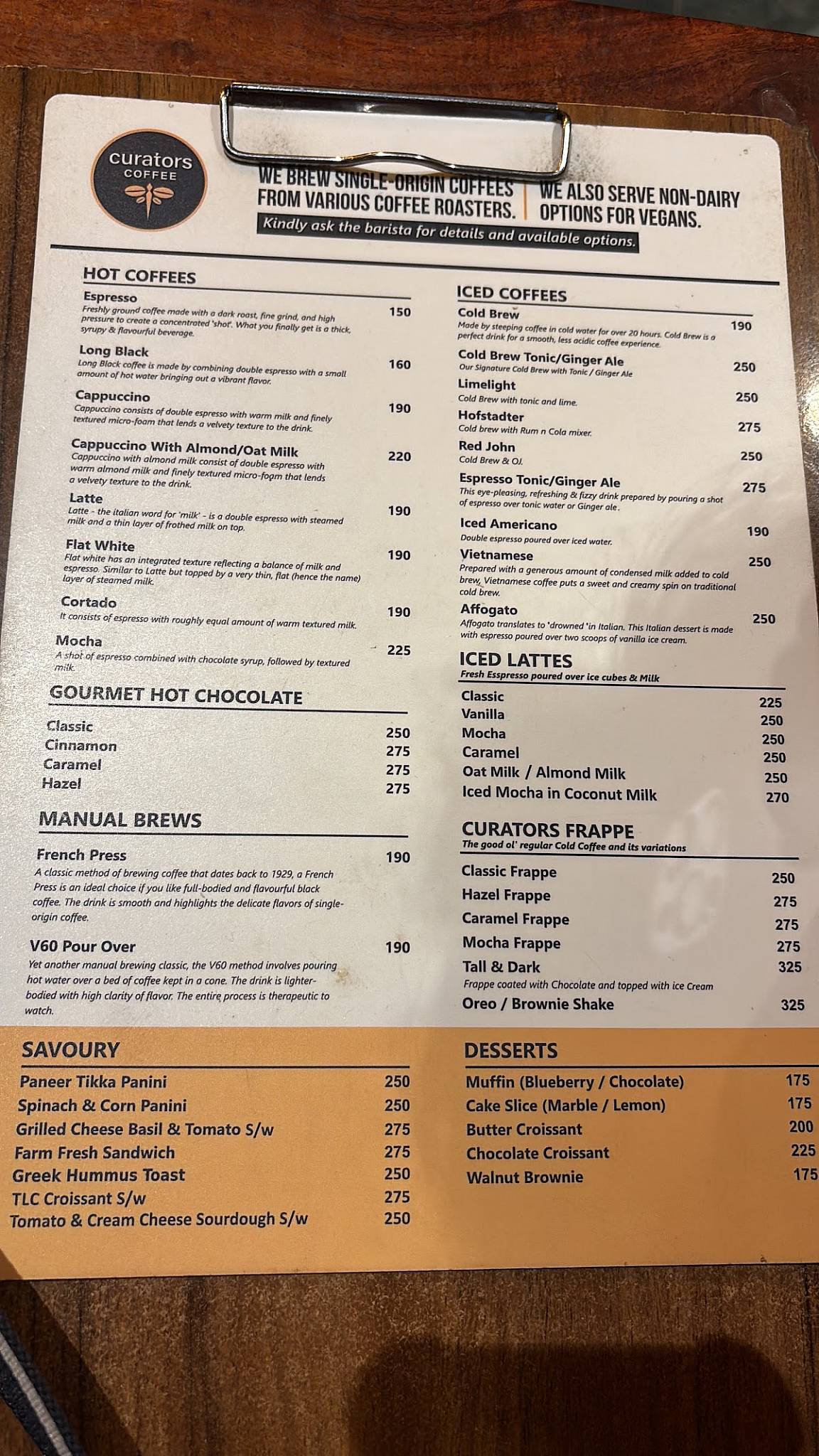 Curators Coffee menu