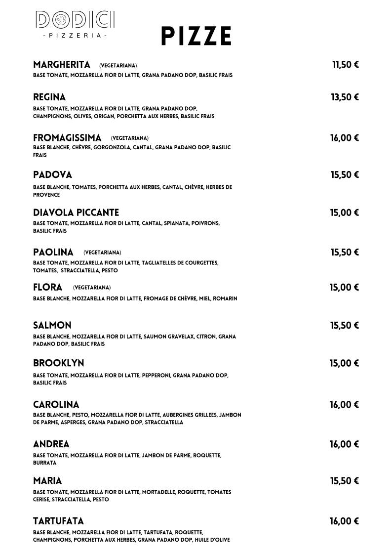Menu de DODICI Pizzeria