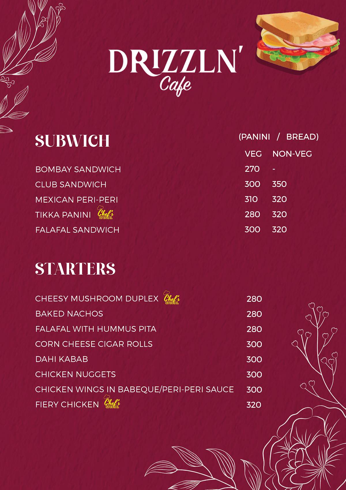 DRIZZLN' CAFE menu