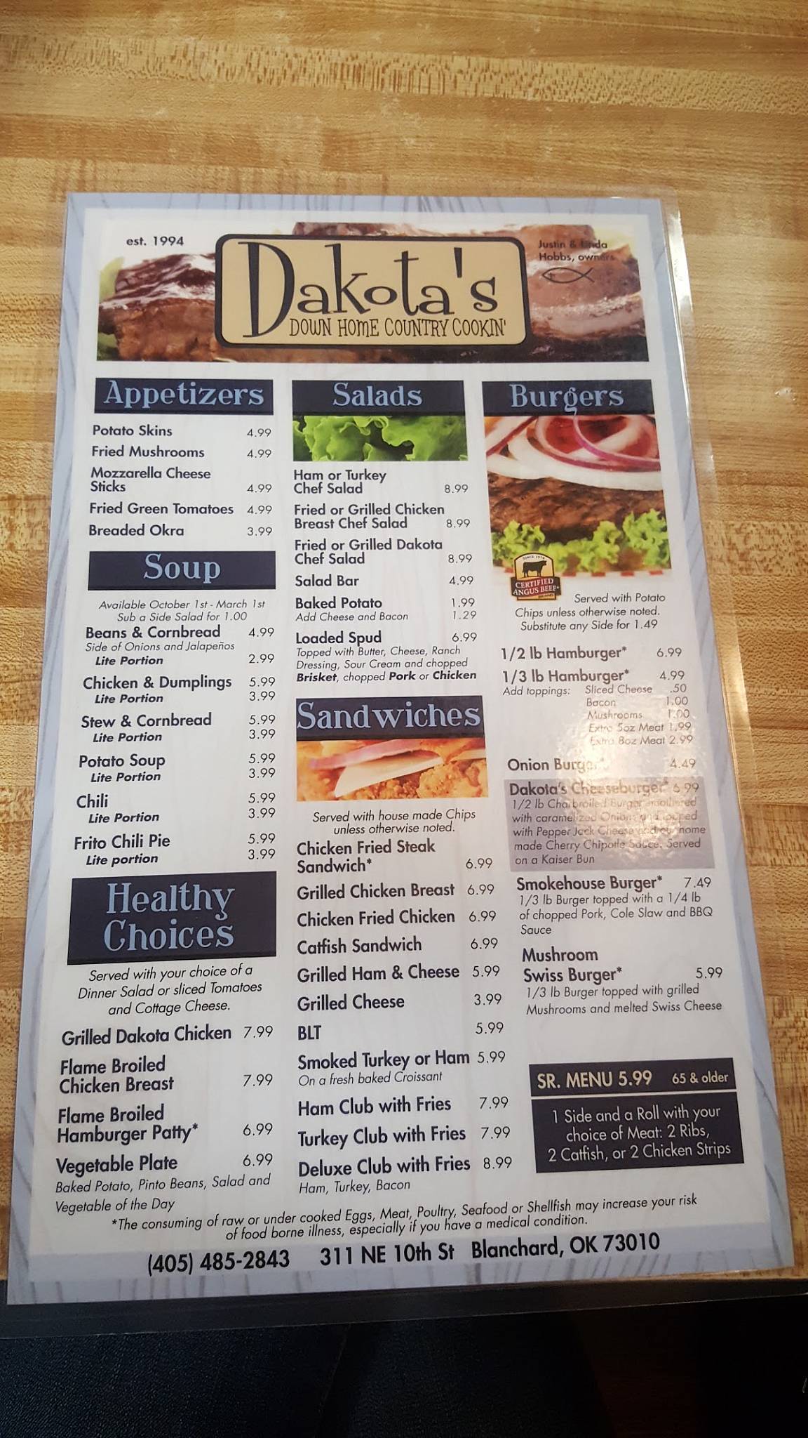 Menu at Dakota’s restaurant, Blanchard