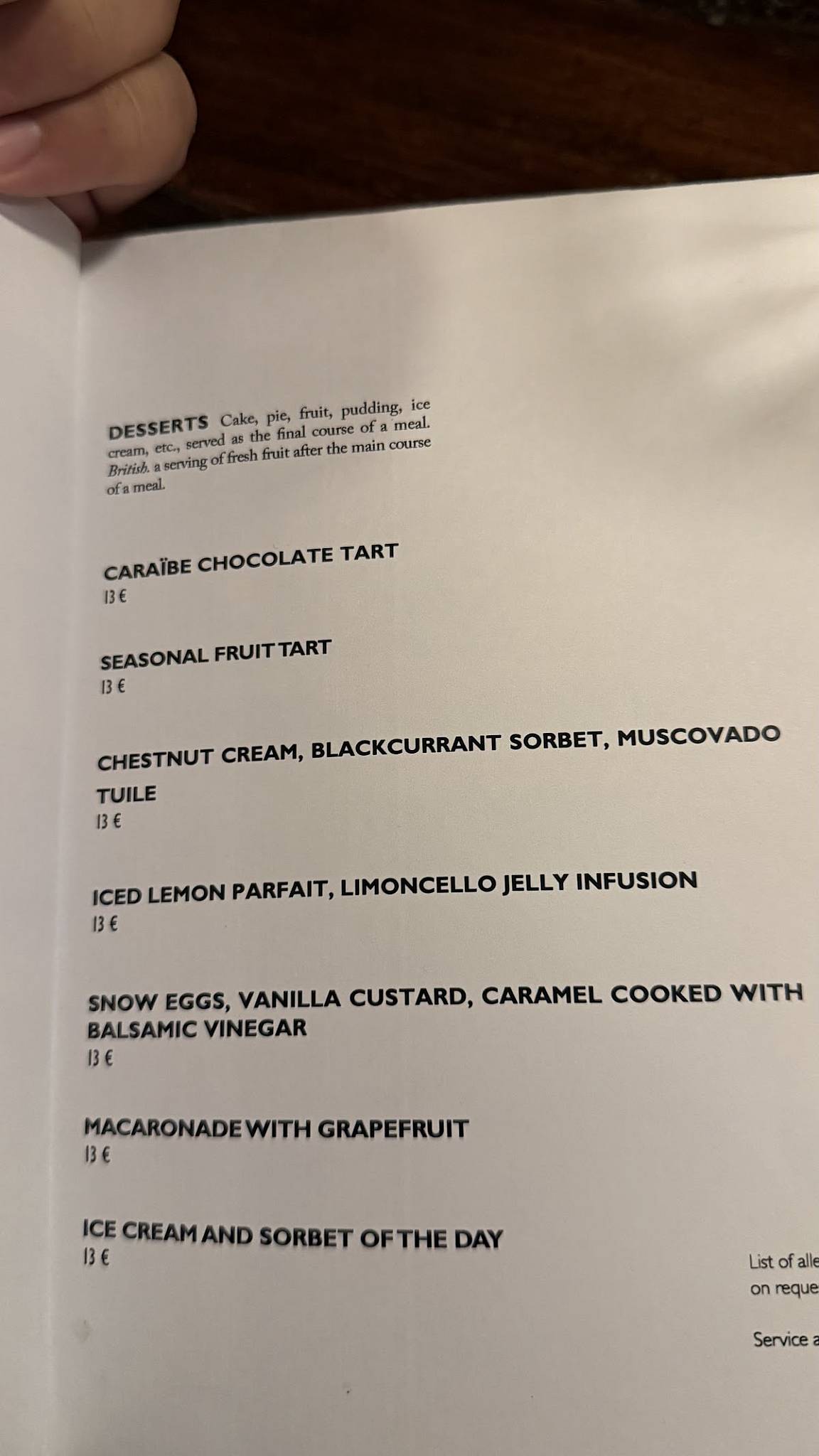 Menu de Restaurant Derrière