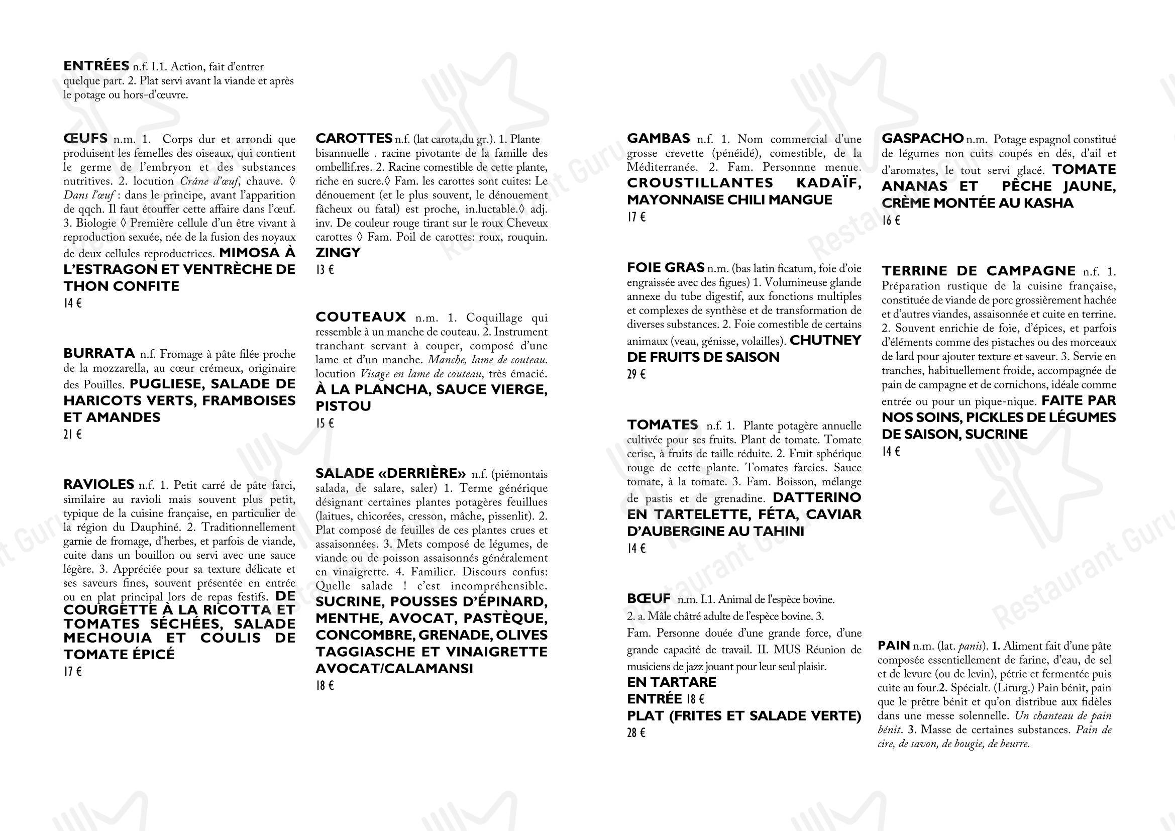 Restaurant Derrière dans Paris - Menu