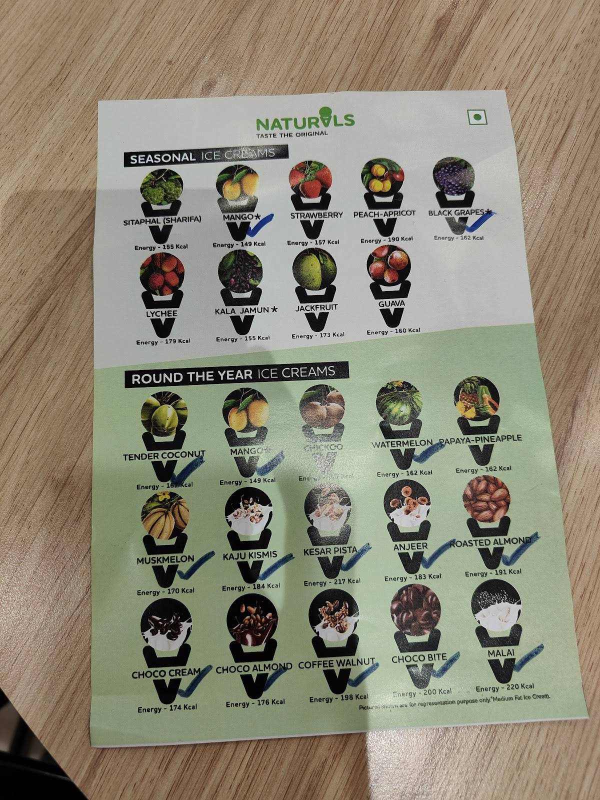 Naturals Ice Cream menu