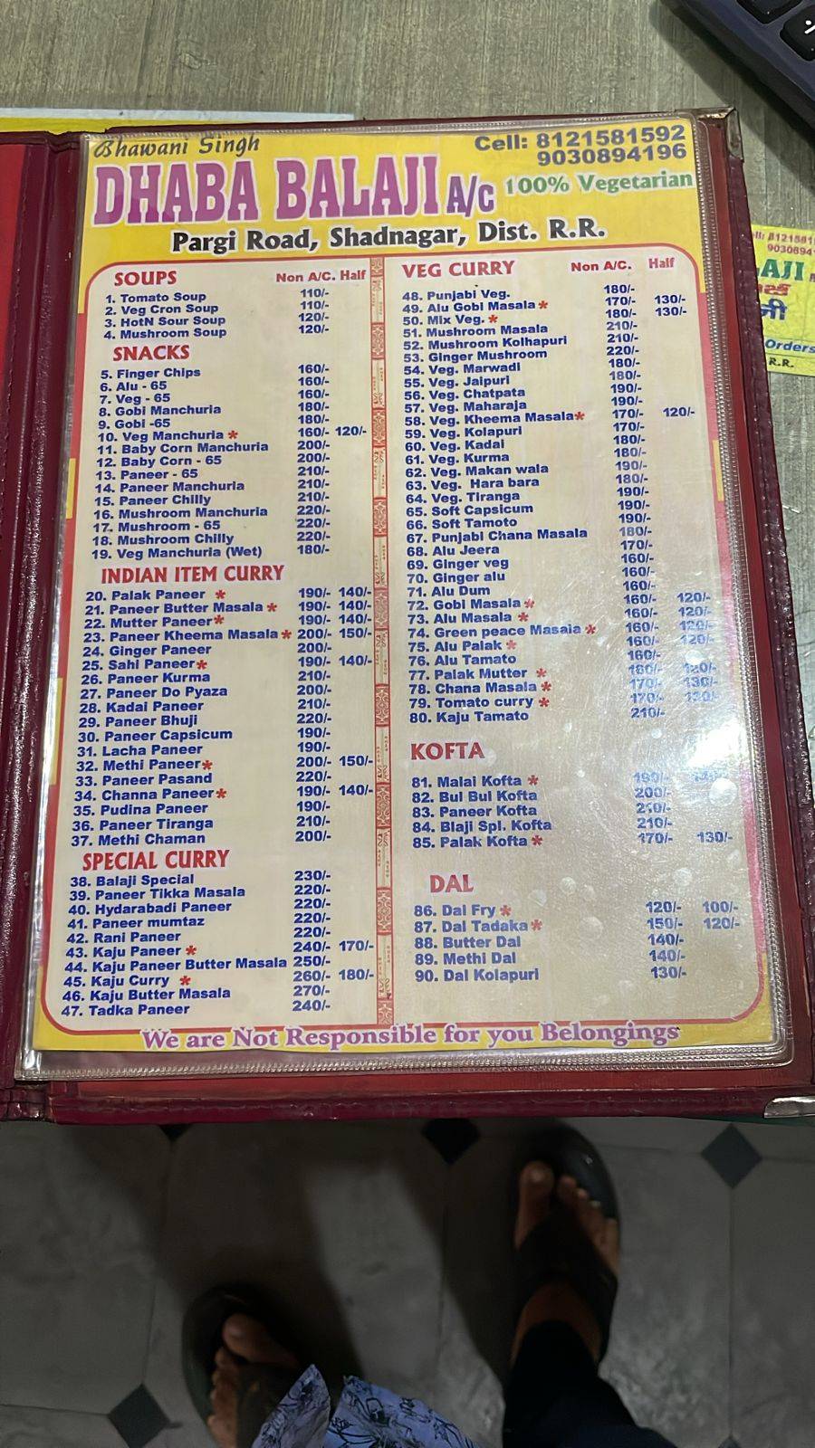 Dhaba Balaji menu