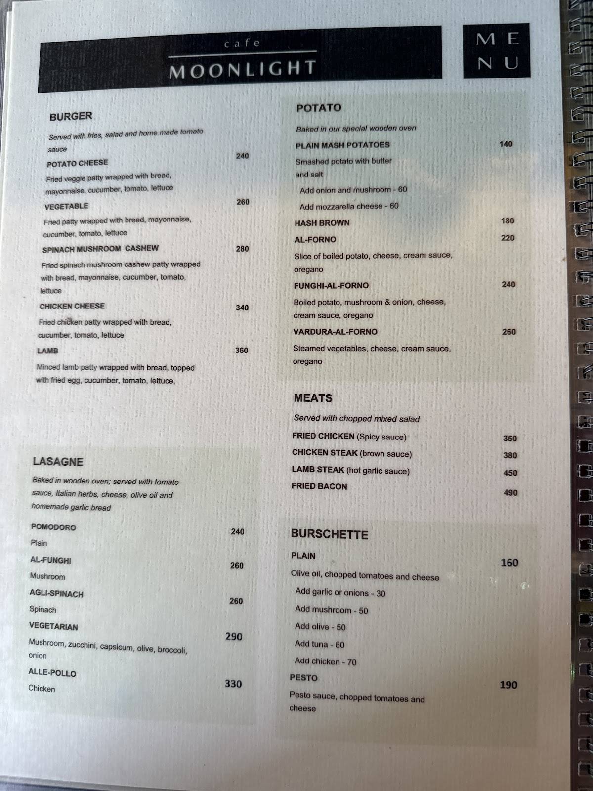 Moonlight Cafe menu