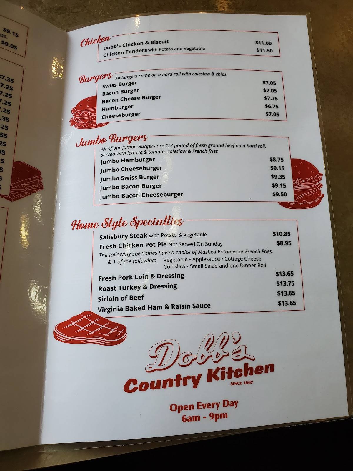 Menu at Dobb's Country Kitchen restaurant, Hallstead