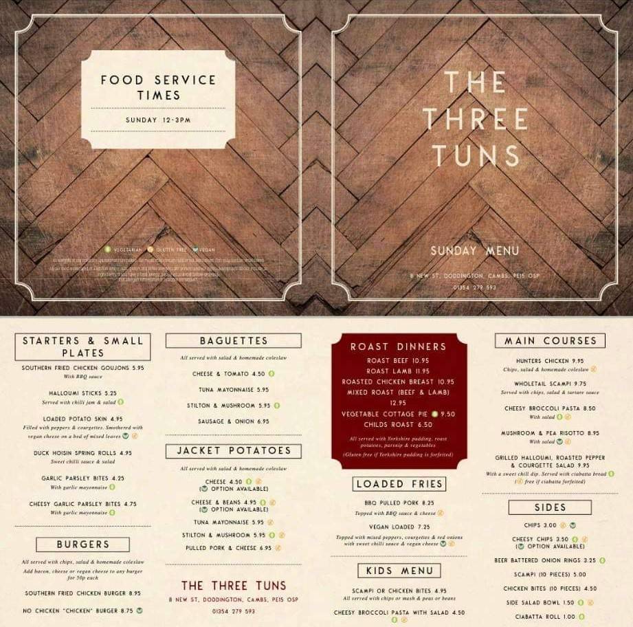 Menu at The Three Tuns pub & bar, March