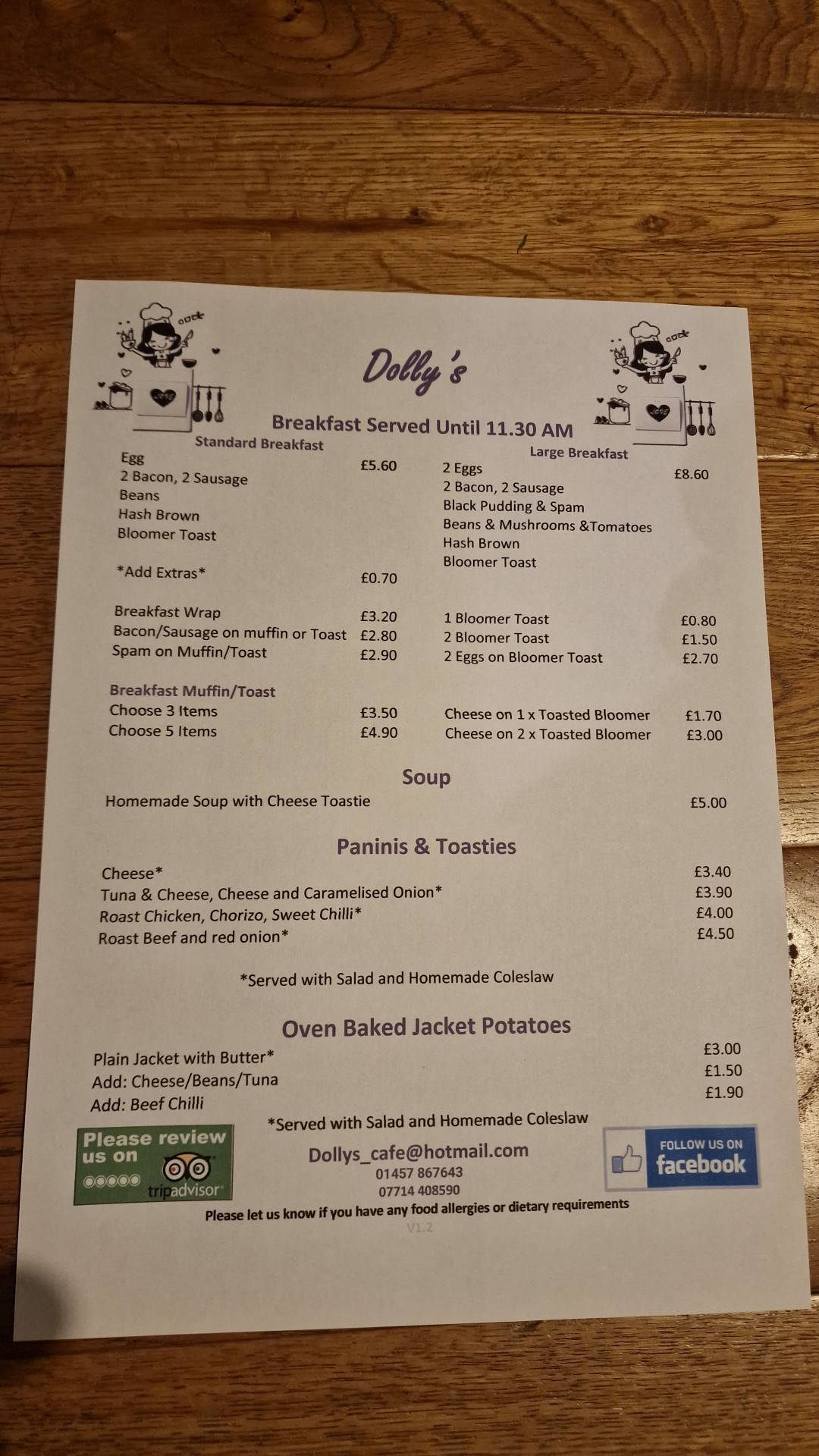 Menu at Dollys Cafe, Glossop