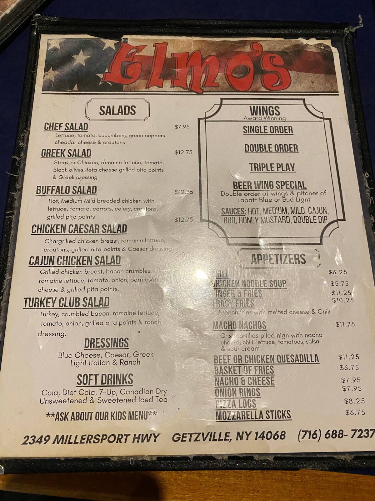 Menu at ELMO #39 S RESTAURANT BAR Getzville