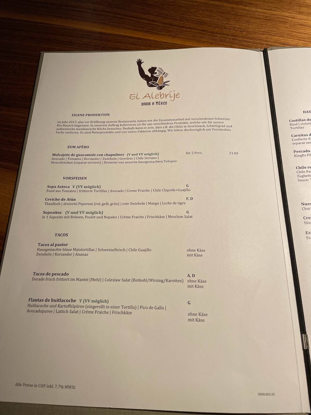 Menu di El Alebrije 