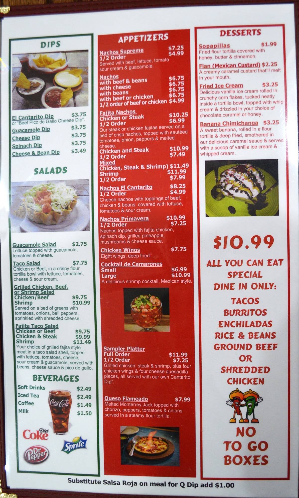 Menu at El Cantarito Mexican Restaurant, Harriman