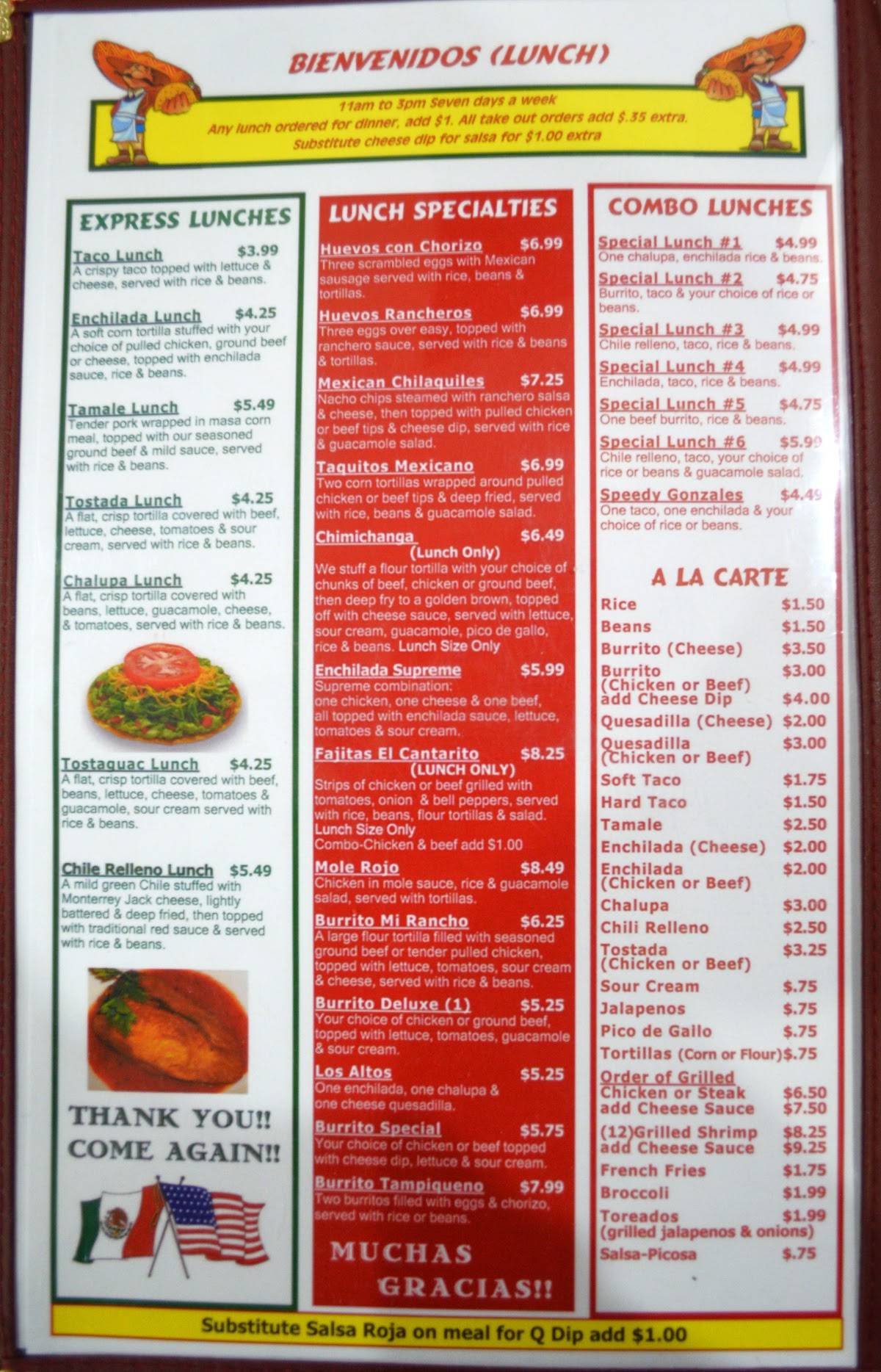 Menu at El Cantarito Mexican Restaurant, Harriman