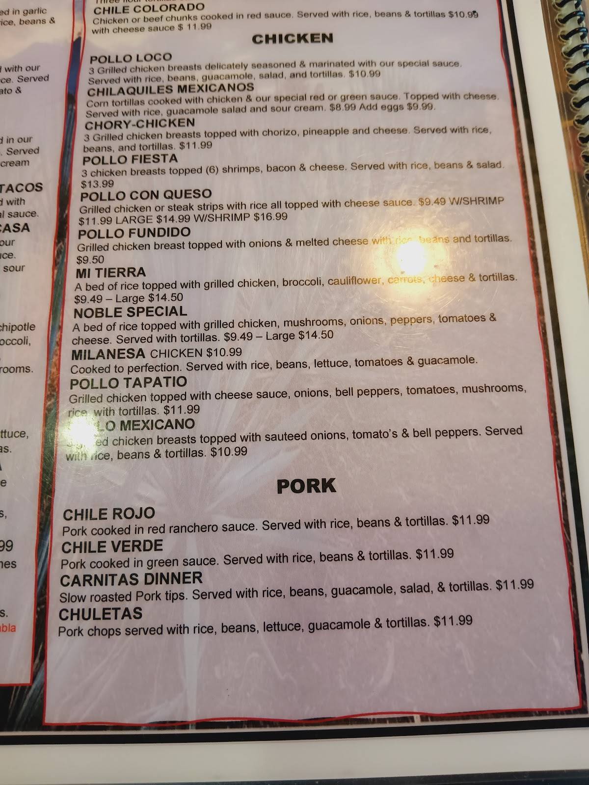 Menu at El Mirador Mexican Restaurant, Noble