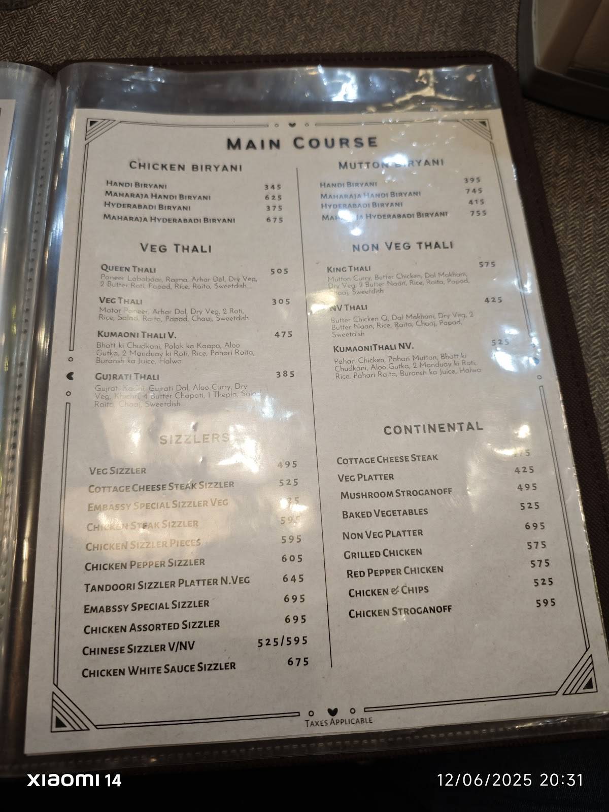 Embassy Restaurant menu