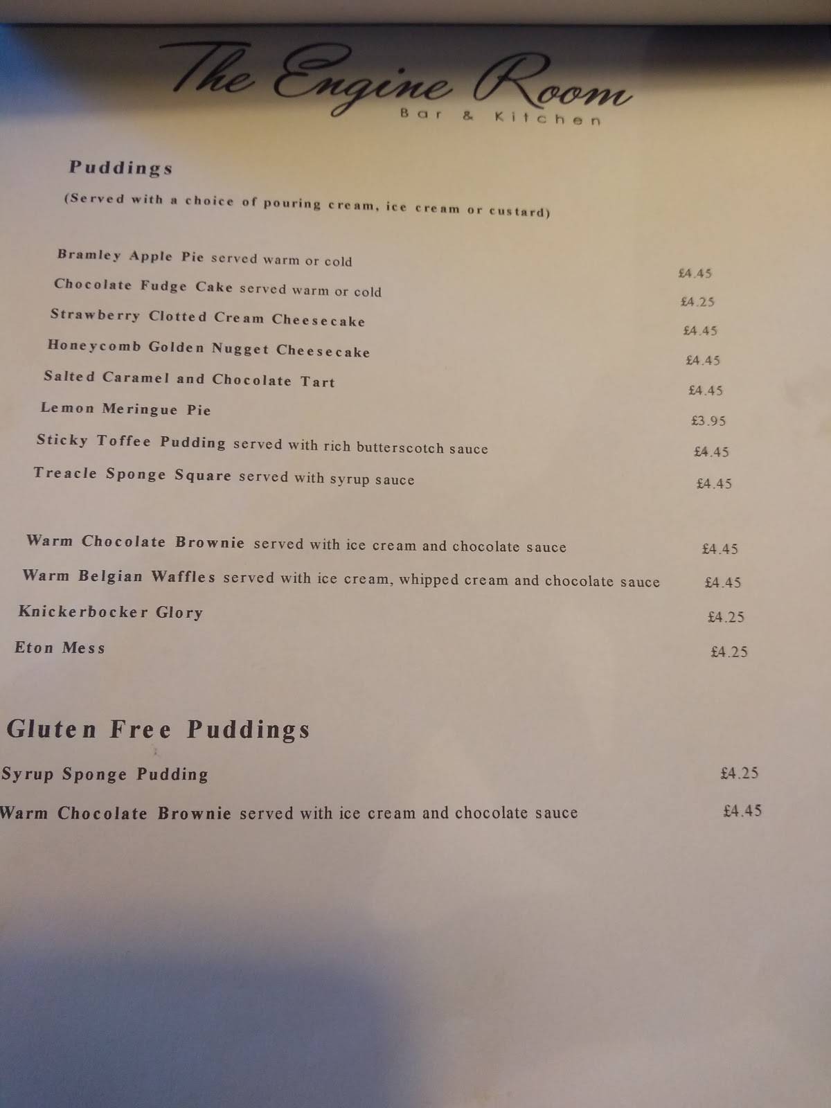 Menu at Engine Room pub & bar, Gateshead