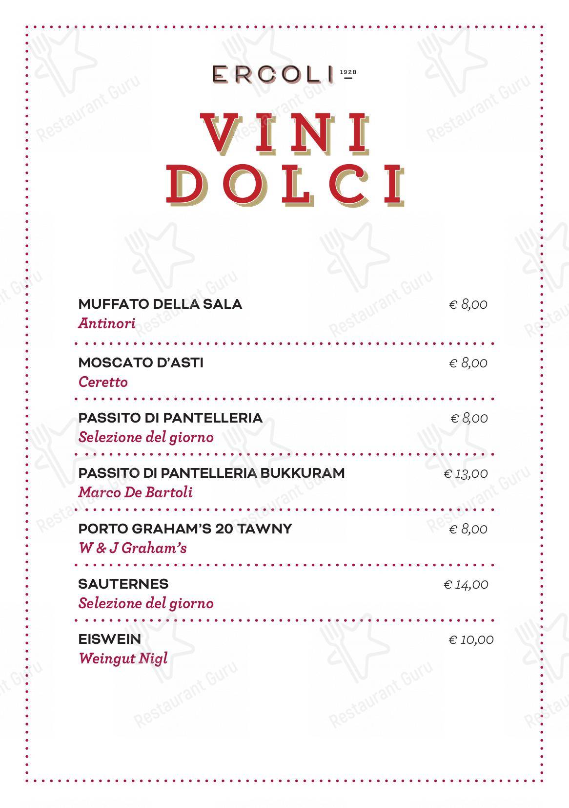 Menu di Ercoli 1928 Prati - piatti e bevande