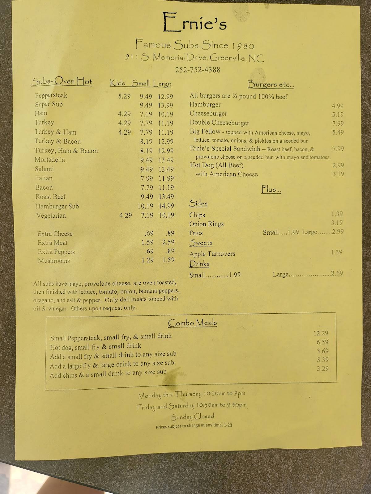 Menu at Ernie's Famous Subs restaurant, Greenville