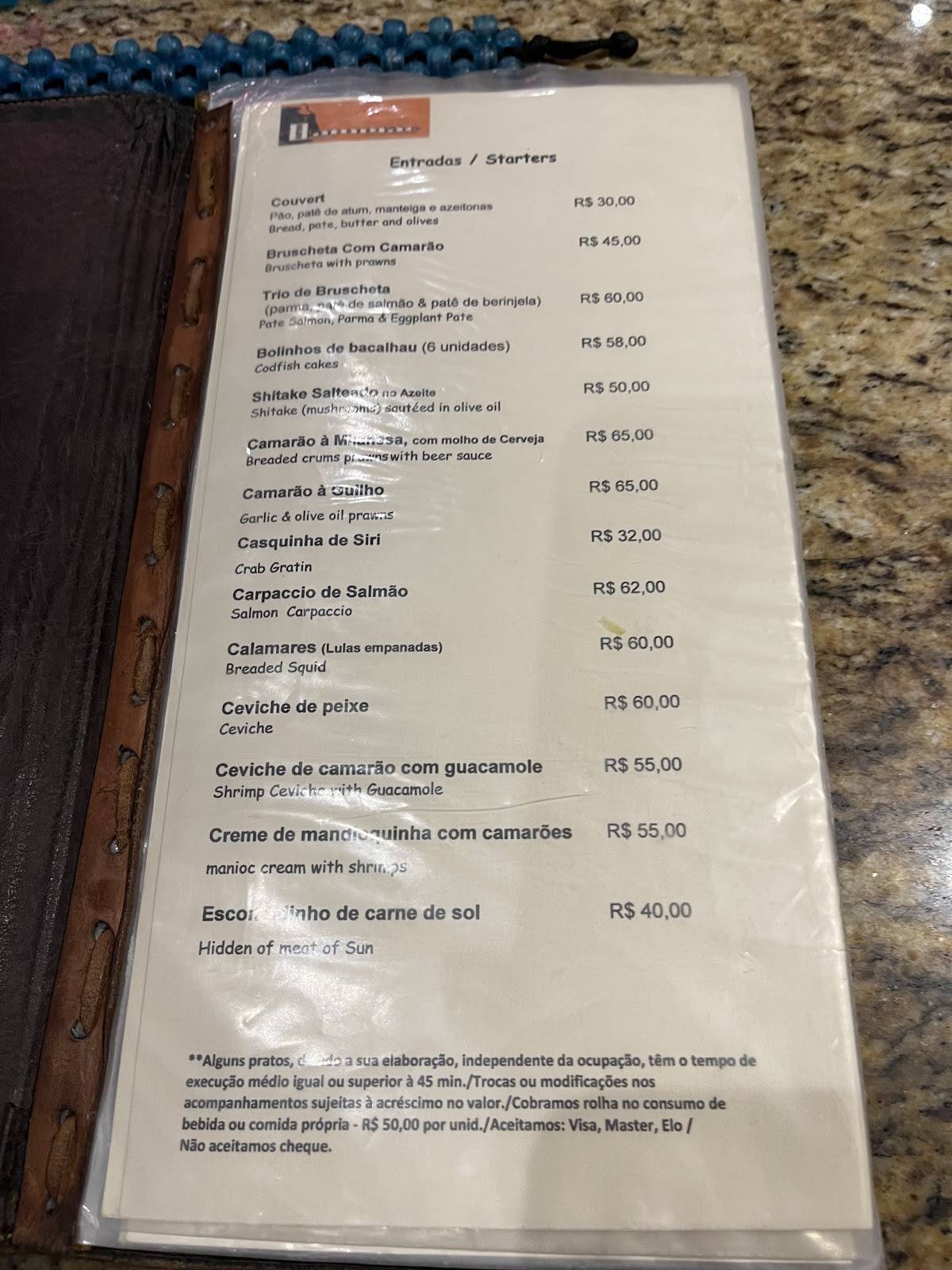 Espaço Lampião cardápio