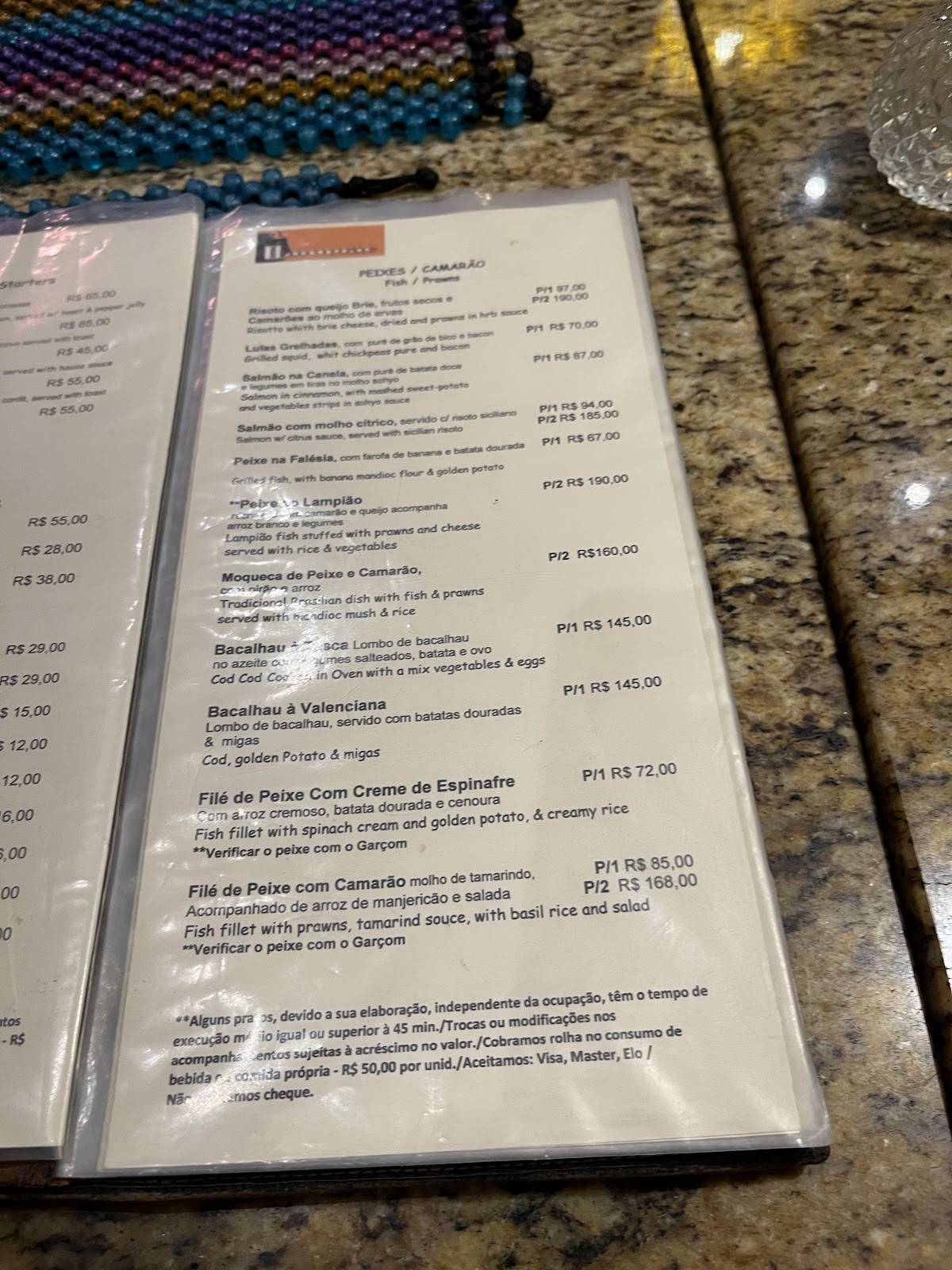 Espaço Lampião cardápio