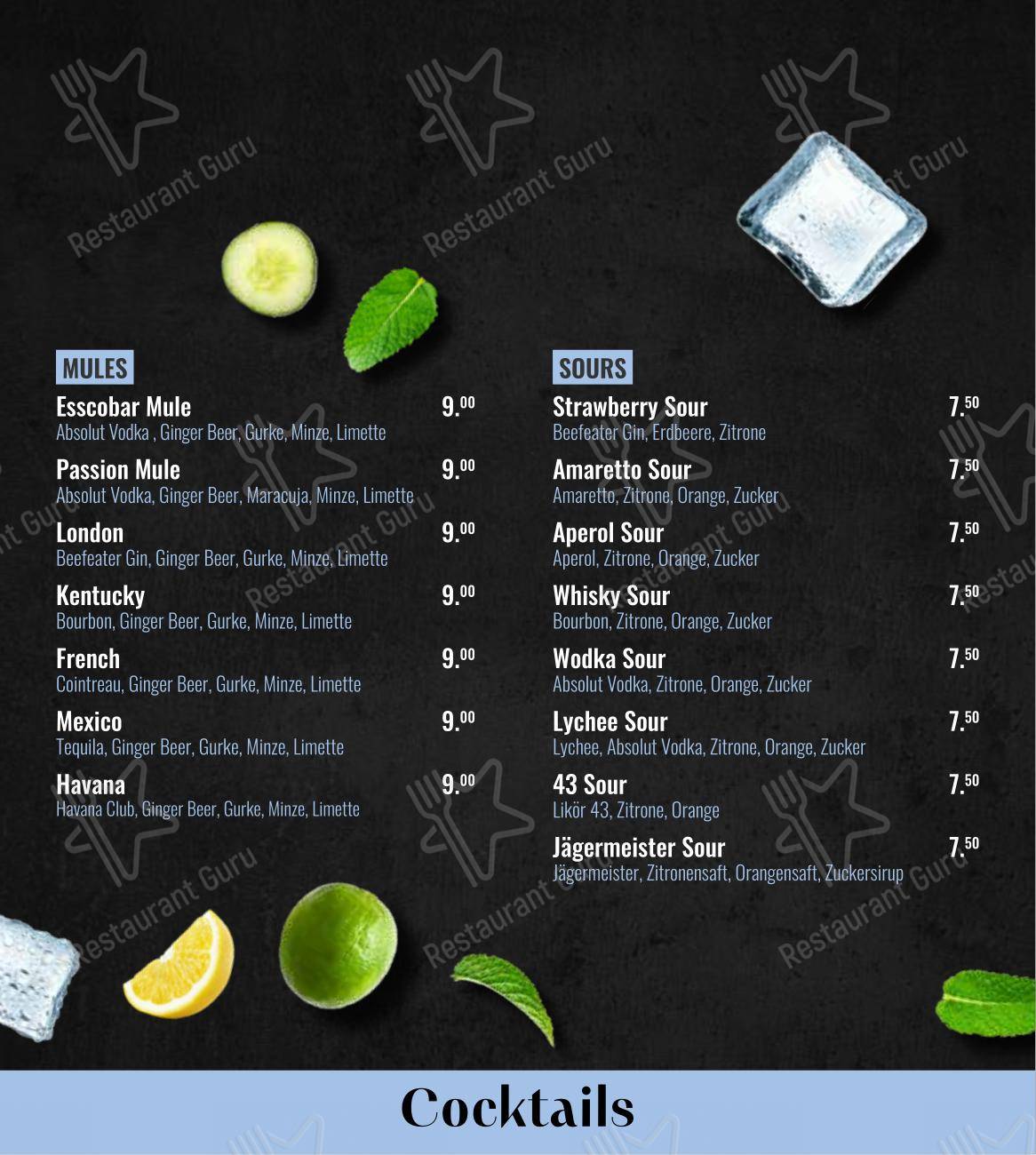 Menu pour Esscobar by Tom pub et bar
