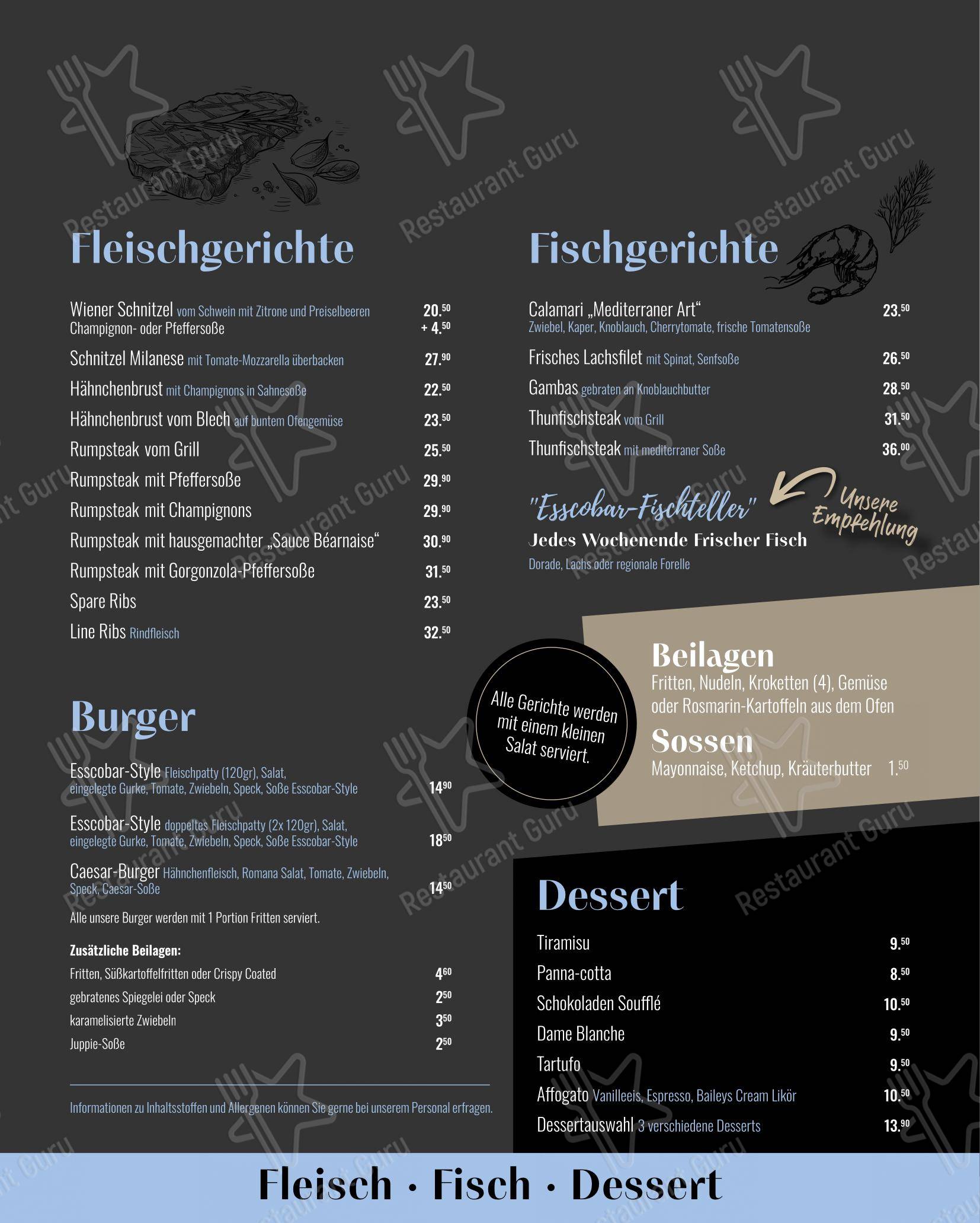 菜单 pour Esscobar by Tom pub et bar