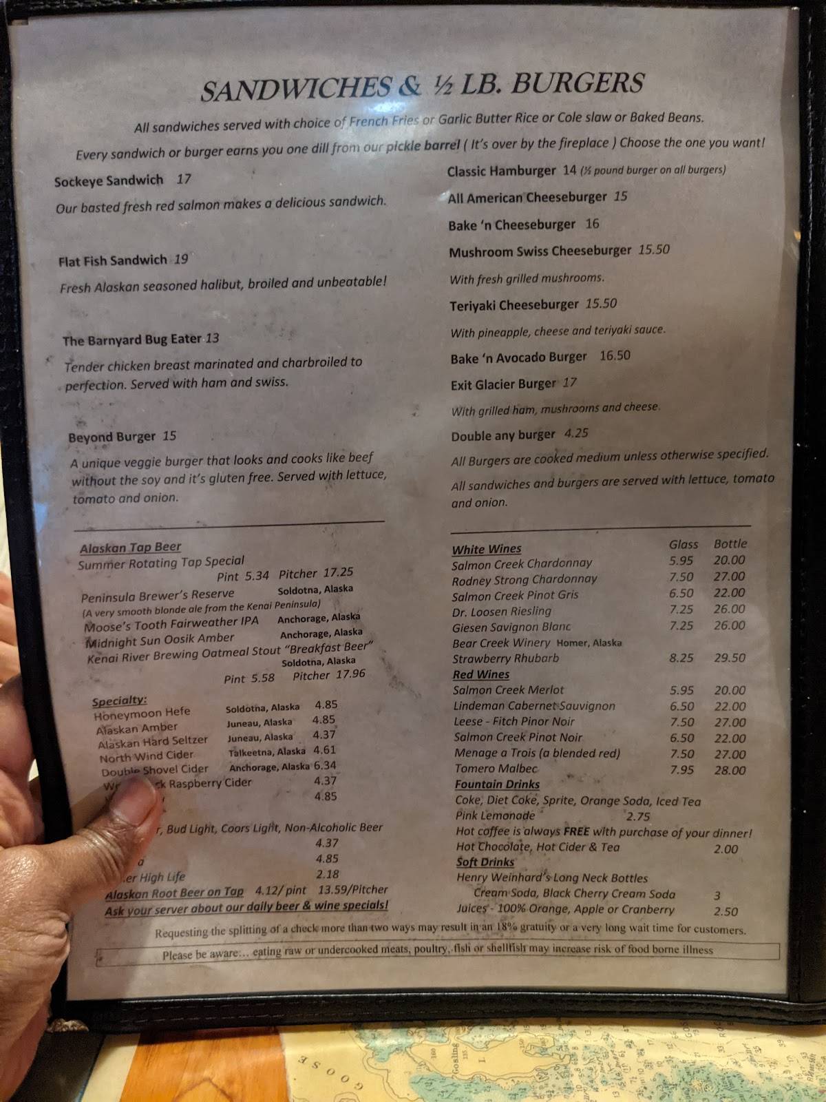 Menu at Exit Glacier Salmon Bake restaurant, Seward, Herman Leirer Rd