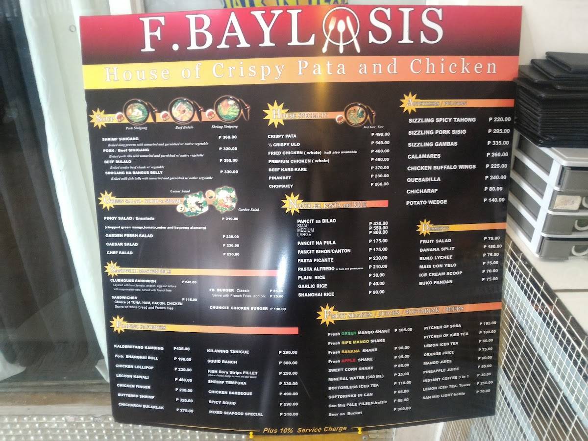 Menu at F. Baylosis Crispy Pata & Chicken restaurant, Batangas
