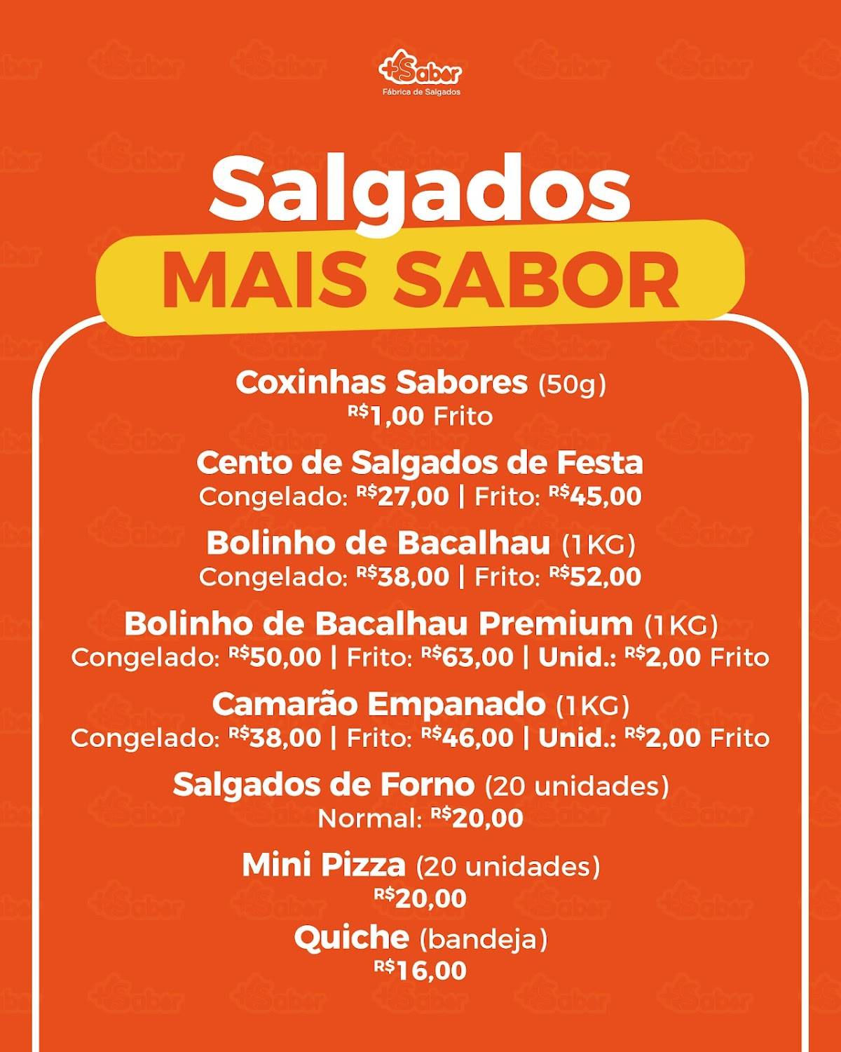 FABRICA DE SALGADOS MAIS SABOR cardápio