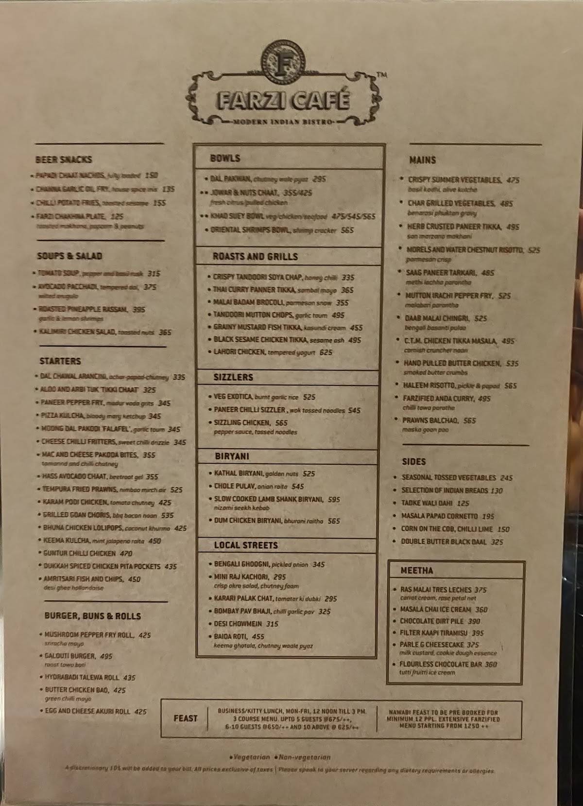 Farzi Cafe, Pune menu