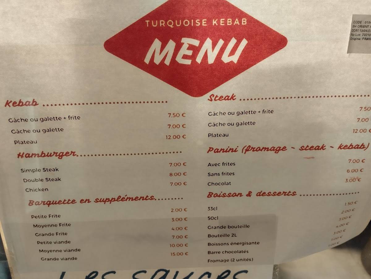 Menu de Le Turquoise Kebab Valognes